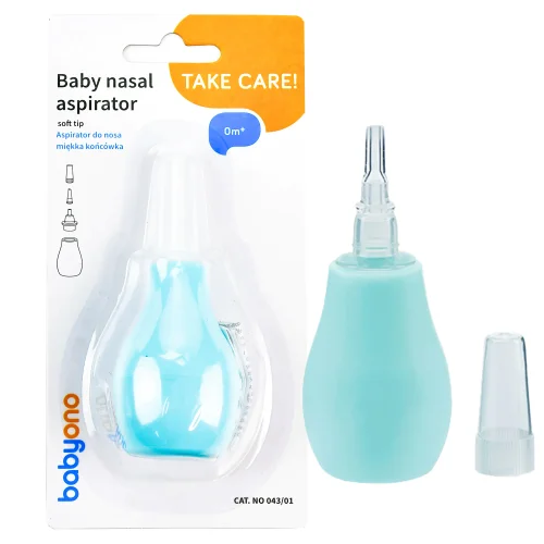 Aspirator do nosa BabyOno w opakowaniu i bez opakowania miętowa gruszka do nosa zaprezentowana zarówno w opakowaniu, jak i osobno, ukazując jej kształt i konstrukcję.